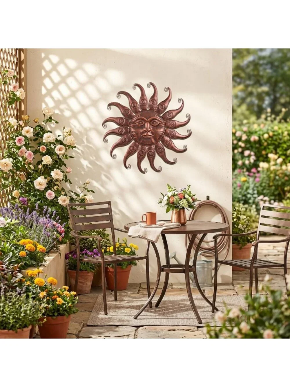 Rustic Bronze Sun Wall Decor - Metal Hanging Sculpture for Outdoor Patio